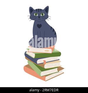 A cute cat sitting on heap of books. Stack of paper hardcover books with bookmarks. Home library. Flat cartoon vector illustration isolated on a white Stock Vector