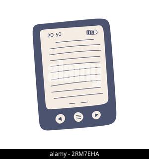 E-Book-Bildschirm mit Tasten und Ladeanzeige. Einfaches handgezeichnetes Taschenbuch. Flache Zeichentrickvektorillustration isoliert auf weißem Hintergrund Stock Vektor