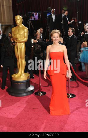 LOS ANGELES, March 2, 2014 (Xinhua) -- Jennifer Lawrence arrives at the red carpet for the Oscars at the Dolby Theatre in Hollywood, the United States, March 2, 2014. (Xinhua/Yang Lei) U.S.-LOS ANGELES-OSCARS-AWARD-RED CARPET PUBLICATIONxNOTxINxCHN   Los Angeles March 2 2014 XINHUA Jennifer Lawrence arrives AT The Red Carpet for The Oscars AT The Dolby Theatre in Hollywood The United States March 2 2014 XINHUA Yang Lei U S Los Angeles Oscars Award Red Carpet PUBLICATIONxNOTxINxCHN Stock Photo