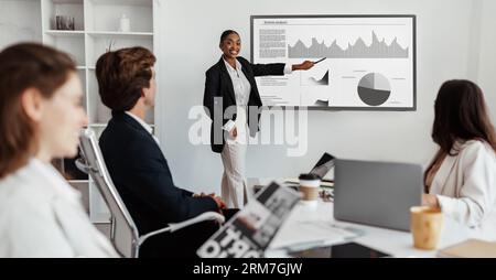 Präsentation im Konferenzraum. Geschäftsleute aus verschiedenen Rassen, Unternehmer, TV für Infografiken, Panorama Stockfoto