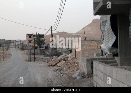 (140303) -- DAMASKUS, 3. März 2014 (Xinhua) -- Foto aufgenommen am 3. März 2014 zeigt eine Straßenansicht von Sahel-Stadt im Norden von Yabroud-Stadt auf dem Land von Damaskus, Syrien. Die syrischen Streitkräfte haben die Kontrolle über die Stadt Sahel und die Rima-Obstgärten in der Umgebung von Yabroud, einer wichtigen Rebellenfestung nördlich von Damaskus, zurückerobert. wo die syrischen Truppen eine Großoffensive zur Rückeroberung des Gebiets gestartet haben, das als wichtig erachtet wird, um den Zustrom von Rebellen und Waffen aus dem Libanon nach Syrien und umgekehrt abzuhalten. (Xinhua/Bassem Tellawi) SYRIEN-DAMASKUS-YABROUD STADT-TRUPPEN-RÜCKEROBERUNG PUBLICATIONxNO Stockfoto