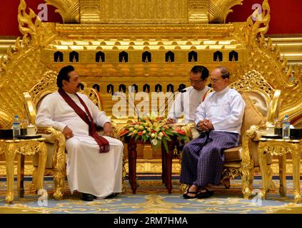 Myanmar Präsident U Thein sein (R) trifft am 4. März 2014 in Nay Pyi Taw, Myanmar, mit dem Präsidenten Sri Lankas Mahinda Rajapaksa zusammen. (Xinhua/Myanmar Nachrichtenagentur) MYANMAR-NAY PYI TAW-SRI LANKA-PRESIDENTS-MEETING PUBLICATIONxNOTxINxCHN Myanmar Präsident U Thein Be r trifft Sri-lankischen Präsidenten Mahinda Rajapaksa in Nay Pyi Taw Myanmar 4. März 2014 XINHUA Myanmar News Agency Myanmar Nay PYI Taw Sri NOICNICINxNCHION Presidents Meeting PUBLTxNICNN Stockfoto