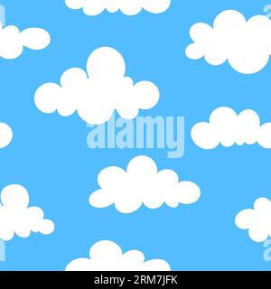 Weiße Wolken am Himmel nahtloses Muster. Naiver grooviger Hintergrund. Doodle-Sky-Muster in Neontönen. Moderne, trendige Hintergründe für Kinder. Psychedelic Trippy Nursery Print Stock Vektor