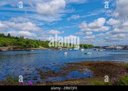 Blick über Stornoway Harbour in Richtung Lews Castle mit verstreuten Yachten und Pleasure Craft, die in den ruhigen Gewässern der Mündung liegen. Stockfoto