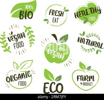 Bio, Ökologie, organische Logos und Symbole, Etiketten, Tags. Hand gezeichnete Bio gesunde Lebensmittel Badges, Set von rohen, veganen, gesunde Lebensmittel Zeichen, Bio und Elemente s Stock Vektor