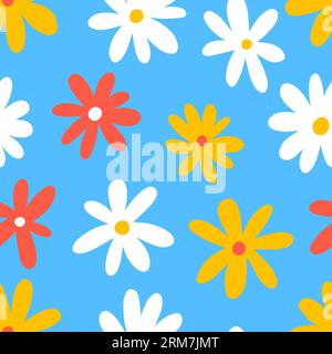1970 Daisy Naive Groovy nahtloses Muster. Lustiger, farbenfroher Doodle-Hintergrund. Weiße Blumen auf Blau. Moderne, trendige Hintergründe für Kinder. Skandinavischer Kindergartendruck Stock Vektor