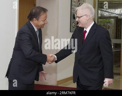 (140307) -- ZAGREB, March 7, 2014 (Xinhua) -- Visiting President of the French Senate Jean-Pierre Bel (L) shakes hands with Croatian President Ivo Josipovic at the Presidental Palace in Zagreb, capital of Croatia, March 7, 2014. After Croatia, Bel is scheduled to visit Greece and Albania. (Xinhua/Miso Lisanin) CROATIA-ZAGREB-FRENCH SENATE PRESIDENT-VISIT PUBLICATIONxNOTxINxCHN   Zagreb March 7 2014 XINHUA Visiting President of The French Senate Jean Pierre BEL l Shakes Hands With Croatian President Ivo Josipovic AT The Presidential Palace in Zagreb Capital of Croatia March 7 2014 After Croatia Stock Photo