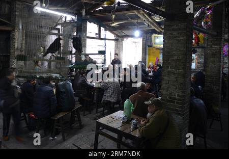 CHONGQING, 07. März 2014 (Xinhua) – Kunden genießen Tee im Jiaotong Tea House im Bezirk Jiulongpo der südwestchinesischen Gemeinde Chongqing, 7. März 2014. Das Jiaotong Teehaus, das seit fast drei Jahrzehnten geschäftlich tätig ist, ist der beliebteste Ort für viele Teeliebhaber geworden, da viele andere Teehäuser in der Innenstadt von Chongqing geschlossen wurden. Viele Gäste bleiben hier für einen ganzen Tag, um typische Teehäuser zu unterhalten: Tee zu genießen, mit anderen zu plaudern, Karten zu spielen und sich an die alten Zeiten zu erinnern. (Xinhua/Zhou Hui) (lmm) CHINA-CHONGQING-LIFE-TEA HOUSE (CN) PUBLICATIONxNOTxINxC Stockfoto