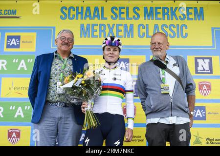 Merksem, Belgien. 27. August 2023. Die belgische Lotte Kopecky von SD Worx, die vor dem Frauen-Elitetag beim Schaal Sels Merksem Criterium in Merksem, Antwerpen, am Sonntag, den 27. August 2023 abgebildet wurde. BELGA PHOTO GOYVAERTS Credit: Belga News Agency/Alamy Live News Stockfoto