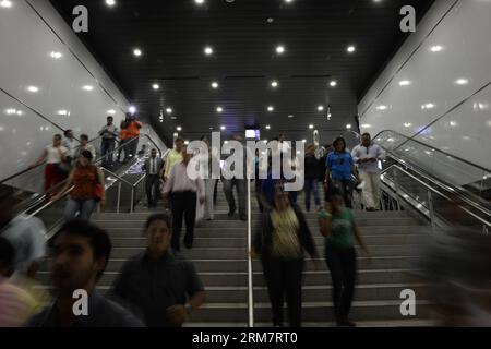 PANAMA CITY, March 13, 2014 - Residents enter to the 5 de Mayo station of the Panama Metro during a test travel, in Panama City, capital of Panama, March 13, 2014. The Line 1 of the Panama Metro will be officially opened on April 5, with 13 stations and a lenght of 13.7km. (Xinhua/Mauricio Valenzuela) PANAMA-PANAMA CITY-INDUSTRY-TRANSPORTATION PUBLICATIONxNOTxINxCHN   Panama City March 13 2014 Residents Enter to The 5 de Mayo Station of The Panama Metro during a trial Travel in Panama City Capital of Panama March 13 2014 The Line 1 of The Panama Metro will Be officially opened ON April 5 With Stock Photo