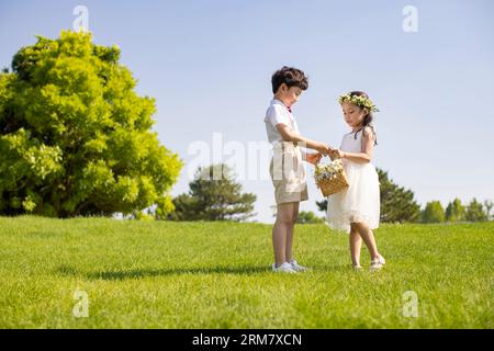 Niedliches Blumenmädchen und Ringträgerin, die auf dem Gras spielen Stockfoto