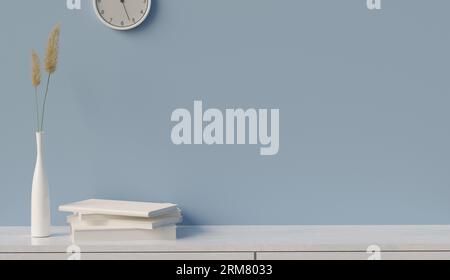 Blaue Wand mit weißem Buch auf dem Tisch, Kopierraum für Textgestaltung, 3D-Illustrationswiedergabe Stockfoto