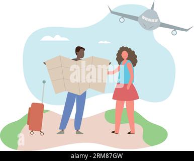 tourists study the map of the area. air travel and vacation concept.flat vector illustration. Stock Vektor