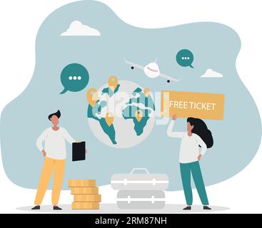 Marketing für Reisebüros. Mann und Frau mit kostenlosem Ticket stehen vor dem Globus mit Markierungen. Journet und Tourism.Flat Vektor Illustration. Stock Vektor