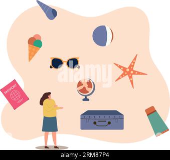 Zeit bis zum Reisekonzept. Banner mit touristischen Designelementen.flache Vektorillustration. Stock Vektor