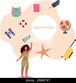 Zeit bis zum Reisekonzept. Banner mit touristischen Designelementen.flache Vektor-Illustration.Frau im Badeanzug. Stock Vektor