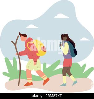 Touristen auf Wanderung.Active Lifestyle Konzept.warme Jahreszeit.flache Vektor-Illustration. Stock Vektor