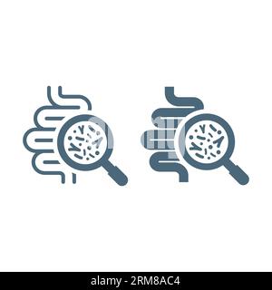 Guts or intestines with microbiome vector icon. Bowels with magnifying glass and bacteria or microbiota symbol. Stock Vector