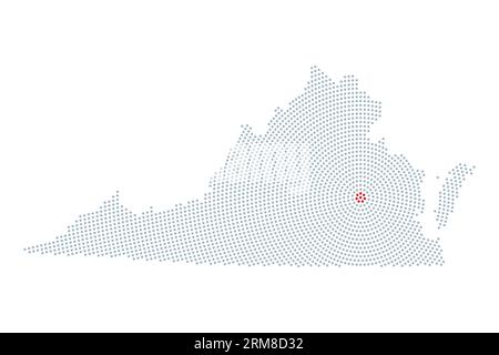 Virginia, Silhouette des US-Bundesstaates mit radialem Punktmuster. Umrisse des Commonwealth of Virginia, die aus grauen Punkten resultieren und in Kreisen angeordnet sind. Stockfoto