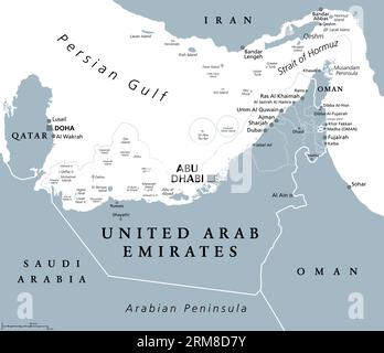 Vereinigte Arabische Emirate, VAE, graue politische Karte. Die Emirate, ein Land im Nahen Osten auf der Arabischen Halbinsel, zwischen Oman und Saudi-Arabien. Stockfoto