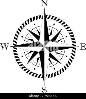 Kompassrosen-Vektor mit vier Windrichtungen und Schnurrahmen in Schwarz und weiß. Sechzehn Stachelwind stieg. Stock Vektor