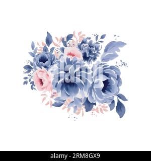 Aquarell Vintage Blue und Pink Blumen, isolierter Vektor. Stock Vektor