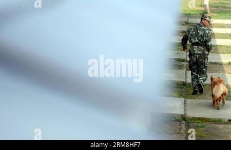 (140415) -- NANJING, April 15, 2014 (Xinhua) -- A dog follows its handler during a training at a police dog training base of armed police on the outskirt of Nanjing, capital of east China s Jiangsu Province, April 15, 2014. There are 12 police dogs in the base, responsible for security guard, rescue and anti-terrorism missions. (Xinhua/Li Ke) (hdt) CHINA-JIANGSU-POLICE DOG-TRAINING (CN) PUBLICATIONxNOTxINxCHN   Nanjing April 15 2014 XINHUA a Dog follows its Handler during a Training AT a Police Dog Training Base of Armed Police ON The outskirts of Nanjing Capital of East China S Jiangsu Provin Stock Photo