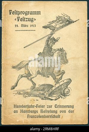 Europa, Deutschland, Hamburg, Festprogramm ' Festzug ' 24. März 1913 , Hunderjahr-Feier zur Erinnerung an Hamburgs Befreiung von der Franzosenherrschaft, Scan 1 von 8 Scans , Rechte werden nicht vertreten . / Europa, Deutschland, Hamburg, Gedenkpublikation - die Prozession - auf der 24. 03. 1913 , hundertjährige Feierlichkeiten in Erinnerung an den Freiheitskampf Hamburgs der französischen Herrschaft . Scan 1 von 8 Scans , es gibt keine Rechte . Stockfoto