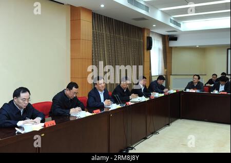 (140416) -- BEIJING, April 16, 2014 (Xinhua) -- Liu Yunshan (3rd L), a member of the Standing Committee of the Political Bureau of the Central Committee of the Communist Party of China (CPC), chairs a seminar attended by ministerial-level officials, in Beijing, China, April 16, 2014. The seminar was the seventh of its kind held by the Party School of the CPC Central Committee to study Xi s speeches and remarks. A total of 2,300 ministerial-level officials attended the seminars. (Xinhua/Rao Aimin) (zc) CHINA-BEIJING-LIU YUNSHAN-SEMINAR (CN) PUBLICATIONxNOTxINxCHN   Beijing April 16 2014 XINHUA Stock Photo