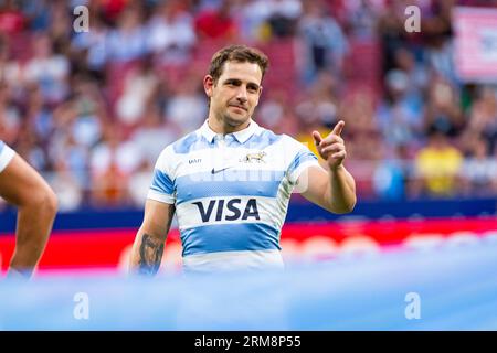 Madrid, Spanien. 26. August 2023. Nicolas Sanchez spielte vor dem Rugby-Spiel zwischen den Nationalmannschaften Spaniens und Argentiniens (los Pumas) im Estadio Civitas Metropolitano. (Foto: Alberto Gardin/SOPA Images/SIPA USA) Credit: SIPA USA/Alamy Live News Stockfoto