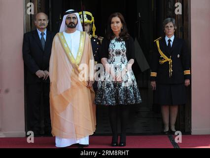 BUENOS AIRES, April 24, 2014 (Xinhua) -- Argentine President Cristina Fernandez de Kirchner (front, R) meets with visiting Prime Minister and Vice President of the United Arab Emirates (UAE) Mohammed bin Rashid al-Maktoum in Buenos Aires, Argentina, April 24, 2014. (Xinhua/Maria Candelaria Lagos/TELAM) ARGENTINA-BUENOS AIRES-UAE-POLITICS-MEETING PUBLICATIONxNOTxINxCHN   Buenos Aires April 24 2014 XINHUA Argentine President Cristina Fernandez de Kirchner Front r Meets With Visiting Prime Ministers and Vice President of The United Arab Emirates UAE Mohammed am Rashid Al Maktoum in Buenos Aires A Stock Photo