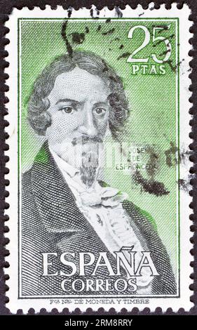 Gestempelte Briefmarke, gedruckt von Spanien, mit Porträt von José de Espronceda, um 1972. Stockfoto