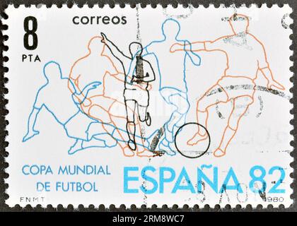 Gestempelte Briefmarke, gedruckt von Spanien, die Fußball-Weltmeisterschaft Spanien 82, um 1980 fördert. Stockfoto