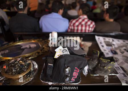 Objects that belonged to migrants are exhibited during the celebration of the 27th Anniversary of the House of Migrant Scalabrini in Tijuana, northwest of Mexico, on April 27, 2014. The Scalabrini Center (House of Migrant) was founded on 1987 to help thousands of migrants, illegal workers and deported people in the city of Tijuana, which has offered assistance to more than 220,000 migrants. (Xinhua/Guillermo Arias) (jp) (ah) MEXICO-TIJUANA-SOCIETY-MIGRATION PUBLICATIONxNOTxINxCHN   Objects Thatcher belonged to Migrants are exhibited during The Celebration of The 27th Anniversary of The House o Stock Photo