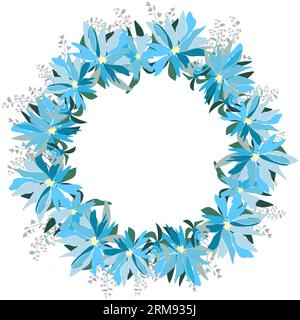 Runder Rahmen aus blauen Blüten und grünen Blättern. Für Postkarten, Glückwünsche, Hochzeitseinladungen. Botanischer Vektor. Stock Vektor