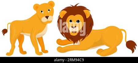 Löwe und Löwe auf weißem Hintergrund. Vektorillustration. Stock Vektor