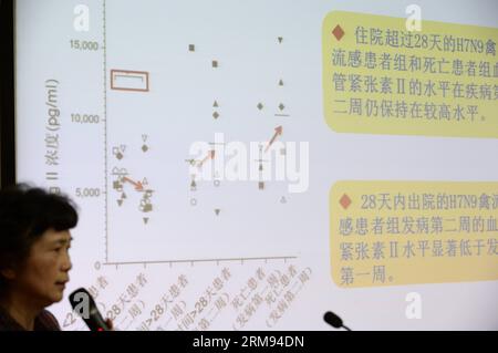 (140507) -- HANGZHOU, 7. Mai 2014 (Xinhua) -- Li Lanjuan, Forscher an der Chinesischen Akademie der Ingenieurwissenschaften und Spezialist für H7N9-Prävention, spricht an einer Pressekonferenz in Hangzhou, der Hauptstadt der ostchinesischen Provinz Zhejiang, am 6. Mai 2014. Laut einer Studie chinesischer Mediziner wurde festgestellt, dass ein menschliches Blutprotein mit der Todesrate H7N9 in Verbindung gebracht wird. Die Studie, die am Dienstag in Nature Communications veröffentlicht wurde, zeigte, dass die Angiotensin-II-Plasmaspiegel im Blut bei H7N9-Patienten höher sind und zur Vorhersage ihrer körperlichen Verschlechterung verwendet werden können. Angiotensin II ist ein humanes Stockfoto