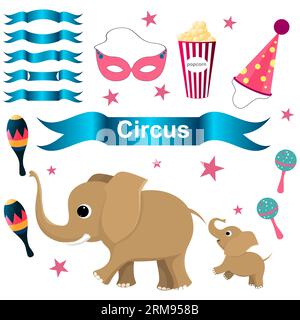 Set aus Zirkusartikeln mit Elefanten. Vektorillustration EPS 10. Stock Vektor