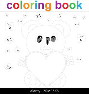 Ausmalvorlage mit Cartoon-Teddybär, Herz und Musiknoten für Kinder. Vektorillustration Stock Vektor