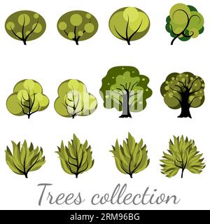 Flache Bäume isoliert auf weißem Hintergrund. Niedliche grüne Pflanzen, Wald. Vektorillustration in flacher Ausführung. Stock Vektor