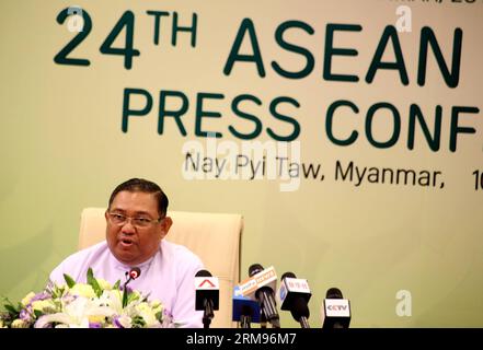 Die Außenministerin von Myanmar, U Wunna Maung Lwin, nimmt an der Pressekonferenz nach dem ASEAN-Außenministertreffen in Nay Pyi Taw, Myanmar, am 10. Mai 2014 Teil. (Xinhua/U Aung) (lmz) MYANMAR-NAY PYI TAW-ASEAN GIPFELPRESSEKONFERENZ PUBLICATIONxNOTxINxCHN Außenminister Myanmars U Wunna Maung Lwin nimmt an der Pressekonferenz nach dem ASEAN-Außenministertreffen in Nay Pyi Taw Myanmar am 10. Mai 2014 XINHUA U Aung Myanmar Nay Pyi TaNOICATASEAN-Gipfeltreffen PICATCHINxBLINN Teil Stockfoto
