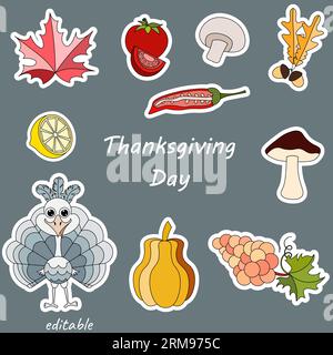 Thanksgiving Day. Set of stickers with harvest, acorns, grapes and turkey. Social network stickers.Vector illustrations for online communication. Stock Vektor