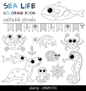 Meerestiere und Meeresflaggen. Originale Malseiten der Unterwasserwelt. Schwarz-weiß-Grafiken für die Kreativität von Kindern und Erwachsenen. Stock Vektor