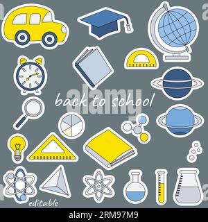 Zurück zur Schule. Schulaufkleber mit Globus, Bus und Planet. Aufkleber für soziale Netzwerke. Vektorgrafiken für die Online-Kommunikation. Stock Vektor