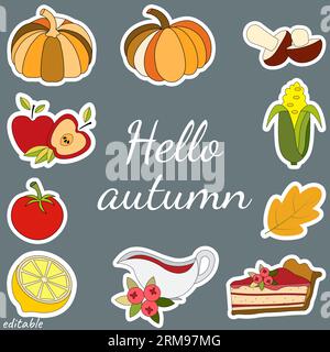 Set mit Herbstaufklebern mit Ernte und süßem Kuchen. Aufkleber für soziale Netzwerke. Vektorgrafiken für die Online-Kommunikation. Stock Vektor