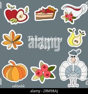 Thanksgiving Day. Set of stickers with pumpkin, fruits, sweet pie and turkey. Social network stickers.Vector illustrations for online communication. Stock Vector