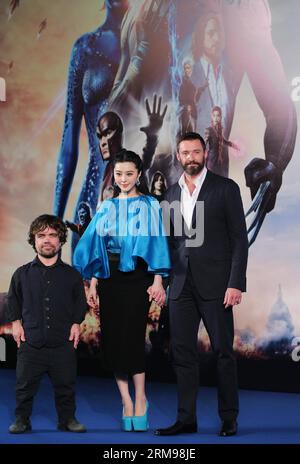 (140513) -- PEKING, 13. Mai 2014 (Xinhua) -- (L-R) Schauspieler Peter Dinklage, Schauspielerin Fan Bingbing und Schauspieler Hugh Jackman nahmen an einer Pressekonferenz zum Film X-Men: Days of Future Past in Peking, Hauptstadt Chinas, am 13. Mai 2014 Teil. (Xinhua/Li Fangyu) (wf) CHINA-BEIJING-FILM X-MEN -PROMOTION (CN ) PUBLICATIONxNOTxINxCHN Peking 13. Mai 2014 XINHUA l r Schauspieler Peter Dinklage Schauspielerin Unterstützer Bing Bing und Schauspieler Hugh Jackman nehmen an einer Pressekonferenz über den Film X Männer Tage der Zukunft Vergangenheit in Peking 13. Mai 2014 XINHUA verließ Fangyu WF China Beijing Film X Männer Promotion CN PUBLICATI Stockfoto