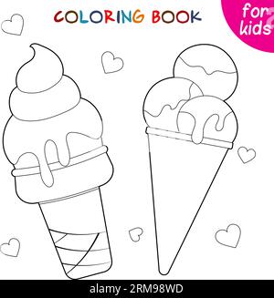 Eis in einem Waffelkegel und drei Kugeln Eis in einem Kegel. Eiscreme-Kollektion. Vorlage zur Entspannungsfärbung. Editierbare Vektorillustration. Stock Vektor
