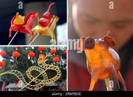 (140513) -- PEKING, 13. Mai 2014 (Xinhua) -- Ein Combo-Foto zeigt die zuckerhaltigen Snacks auf einer Frühjahrsfest-Tempelmesse in Zhengzhou, der Hauptstadt der zentralchinesischen Provinz Henan. Eine der beliebtesten Arten weltweit, chinesische Küche ist berühmt für ihren Geschmack und ihre Vielfalt, mit einer beispiellosen Auswahl an Zutaten, Techniken, Gerichten und Essstilen. Die Geschichte der chinesischen Küche reicht seit Tausenden von Jahren zurück und hat sich von Periode zu Periode und in jeder Region je nach Klima, Tradition und lokalen Präferenzen verändert. Die Chinesen sind stolz darauf, eine große Vielfalt an Lebensmitteln zu essen Stockfoto