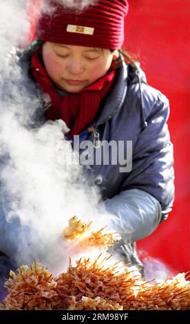 (140513) -- PEKING, 13. Mai 2014 (Xinhua) -- Foto vom 18. Februar 2005 zeigt eine Frau, die in Zhengzhou, der Hauptstadt der zentralchinesischen Provinz Henan, Grillgerichte verkauft. Eine der beliebtesten Arten weltweit, chinesische Küche ist berühmt für ihren Geschmack und ihre Vielfalt, mit einer beispiellosen Auswahl an Zutaten, Techniken, Gerichten und Essstilen. Die Geschichte der chinesischen Küche reicht seit Tausenden von Jahren zurück und hat sich von Periode zu Periode und in jeder Region je nach Klima, Tradition und lokalen Präferenzen verändert. Die Chinesen sind stolz darauf, eine große Vielfalt an Lebensmitteln zu essen und dabei zu bleiben Stockfoto